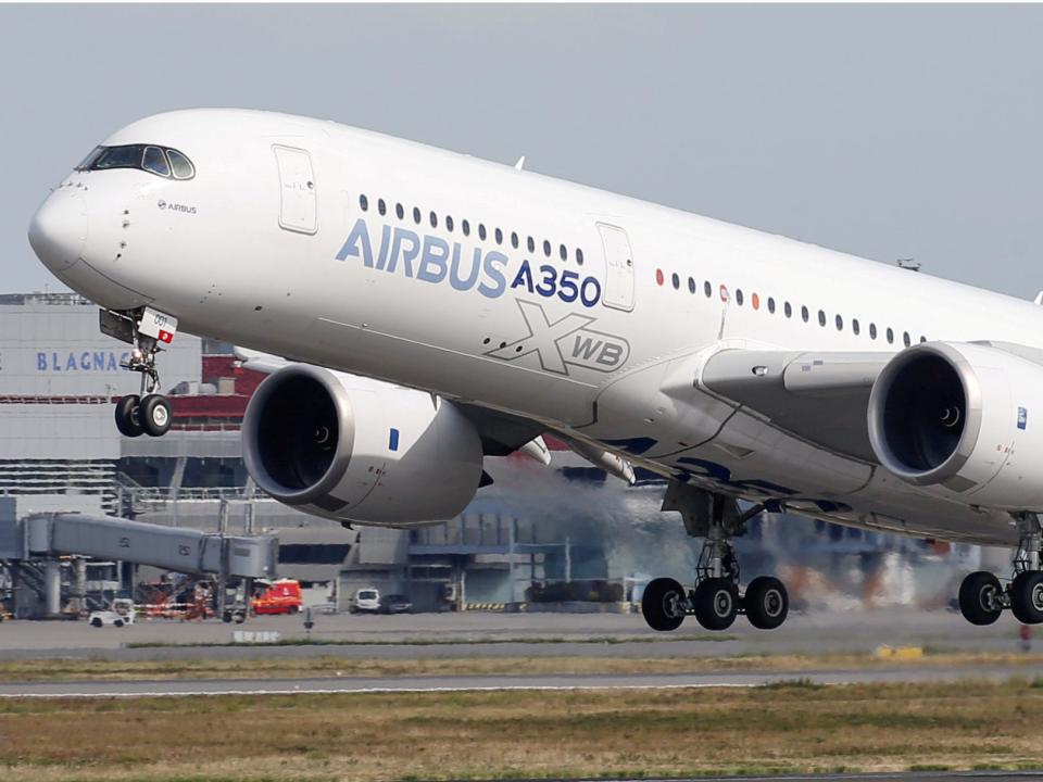 FILE PHOTO: An Airbus A350 takes off at the aircraft builder's headquarters in Colomiers near Toulouse, France, September 27, 2019. REUTERS/Regis Duvignau