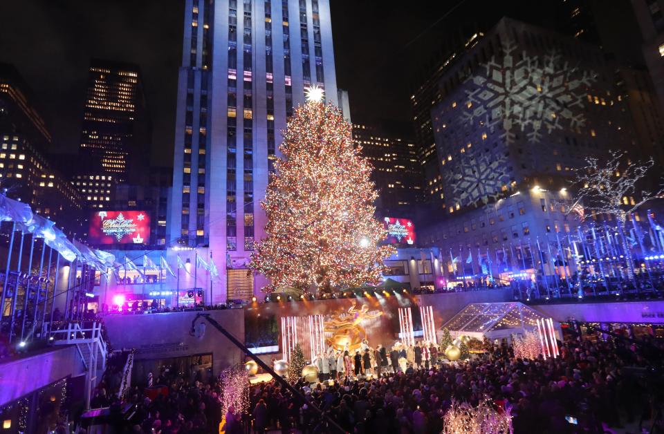 The Christmas Tree is lit at Rockefeller Center during the Rockefeller Center Christmas Tree Lighting Ceremony in Manhattan Dec. 4, 2019.