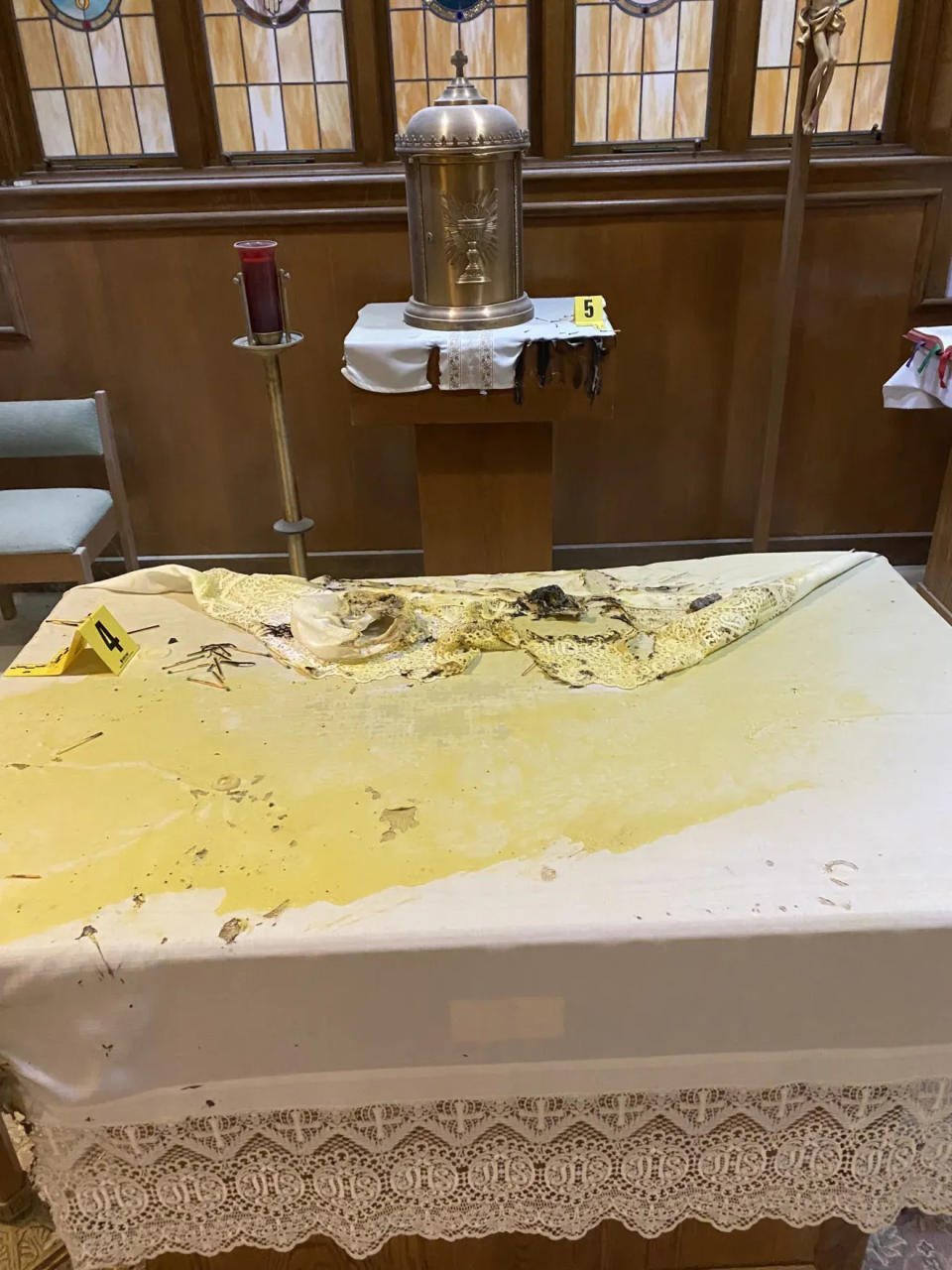 St. John the Evangelist Catholic Church in East Bridgewater was vandalized on Friday afternoon, Oct. 6, 2023, by two 12-year-olds, according to a written statement from the police and fire departments Sunday. Yellow fire retardant powder stains were found on the cloth covering the altar, officials said.