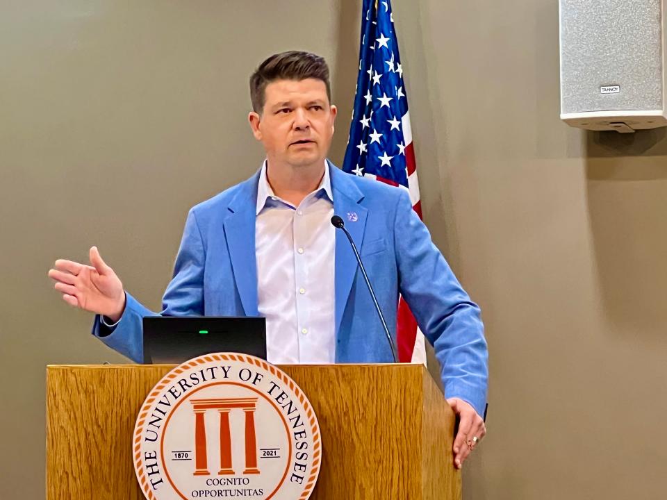 Gubernatorial Democrat candidate Dr. Jason Martin speaks during a Q&A at UT Southern college in Pulaski on Thursday, July 14, 2022.