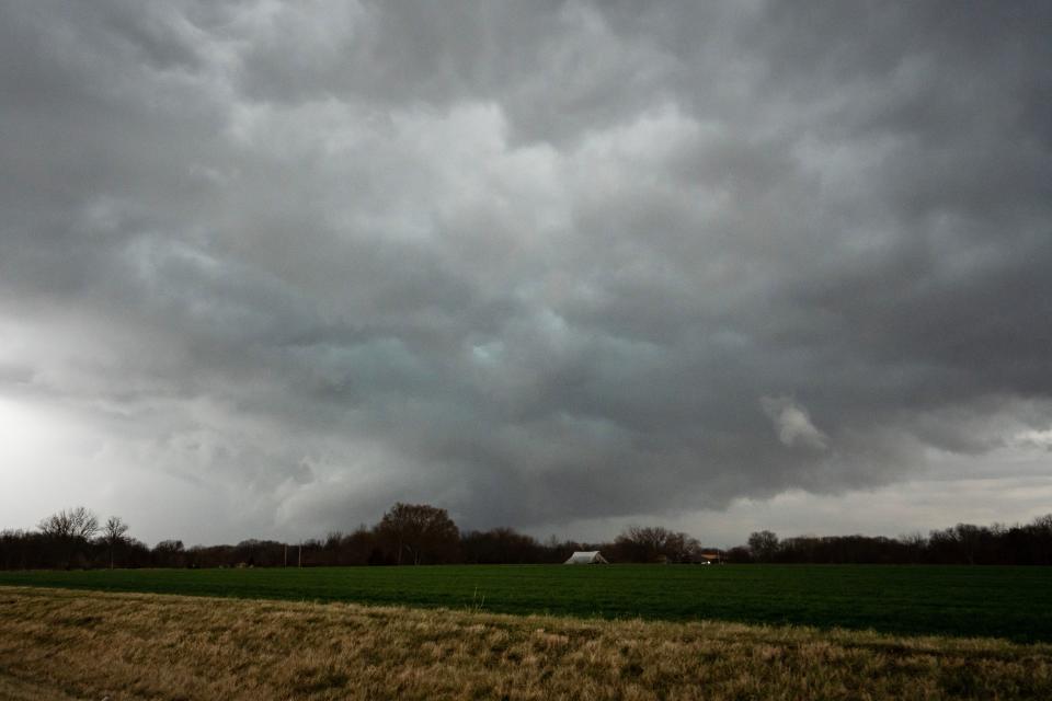 A supercell forms and a wall cloud pushes north of Beardstown, Ill. Friday, March 31, 2023, towards Peoria, Ill. G