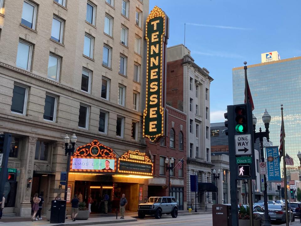 The lit up Tennessee Theater sign in downtown Knoxville.