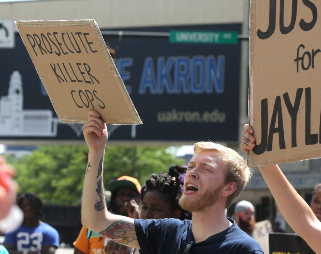 A protester on South High Street on Sunday, July 3, 2022 in Akron, Ohio, after the City of Akron released body cam footage of Jayland Walker’s fatal shooting by Akron Police on Monday. (Karen Schiely / USA TODAY NETWORK)