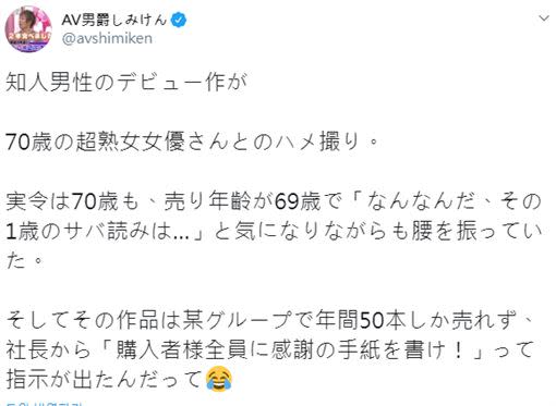 清水健突然談到70歲女優的事情。（圖／翻攝自推特）