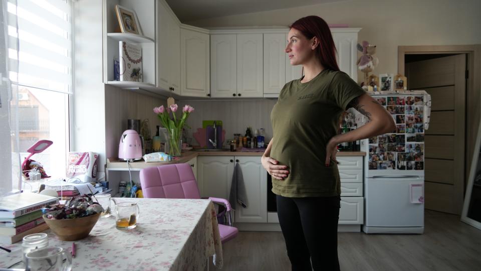 Eugenia Emerald at her home in Kyiv, Ukraine, on Feb. 9. Her baby is due in April.