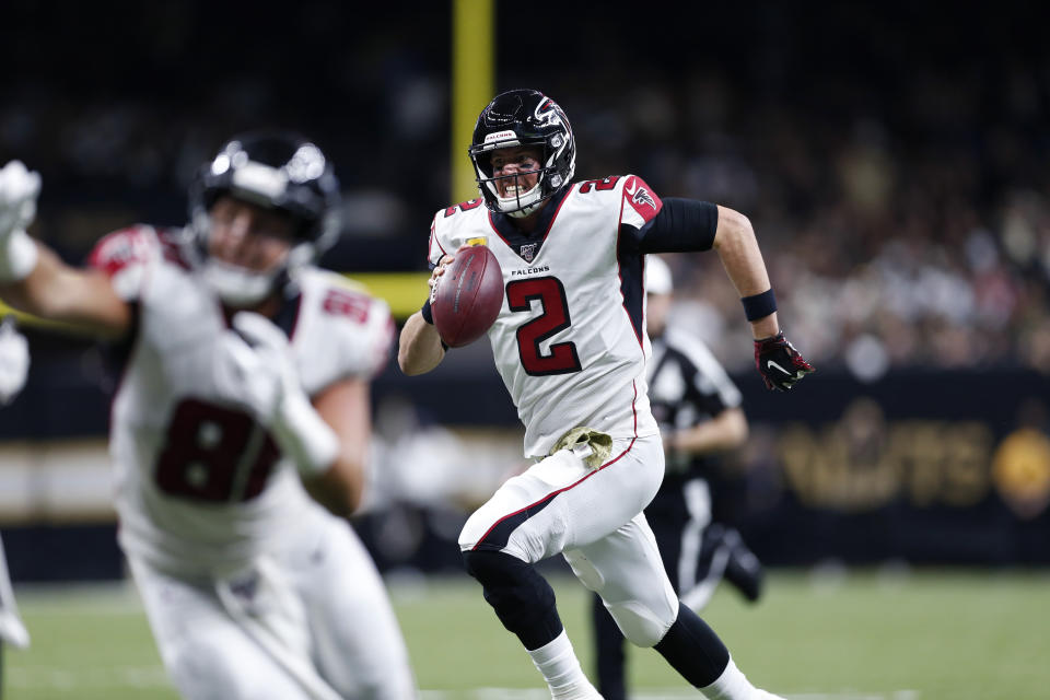 Atlanta Falcons quarterback Matt Ryan (2) carries in the second half of an NFL football game against the New Orleans Saints in New Orleans, Sunday, Nov. 10, 2019. (AP Photo/Rusty Costanza)