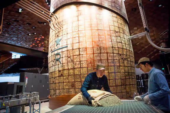 Green coffee is loaded in the new Starbucks Roastery in Shanghai, China. Photographed on Friday, December 1, 2017.  (Joshua Trujillo, Starbucks)