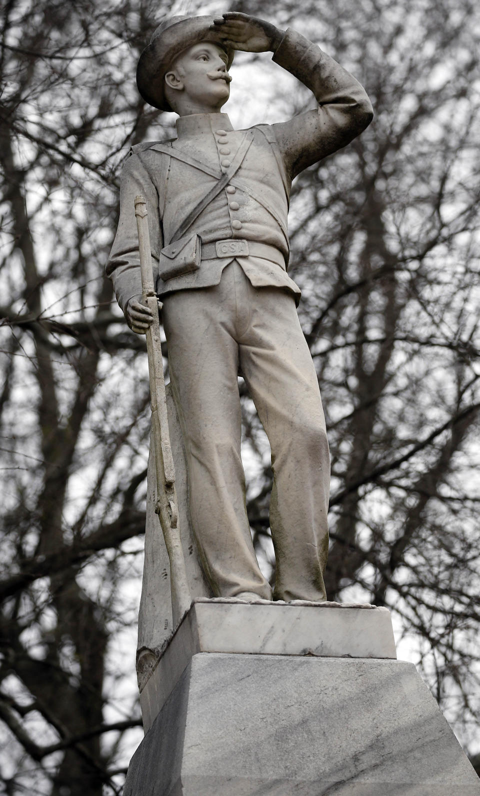 This Feb. 23, 2019 photog shows the Confederate soldier monument at the University of Mississippi in Oxford, Miss. The Associated Student Body Senate voted 47-0, Tuesday, March 5, 2019, for a resolution asking the university's administrators to move the statue to the Confederate cemetery, behind the Tad Smith Coliseum, also on campus. (AP Photo/Rogelio V. Solis)