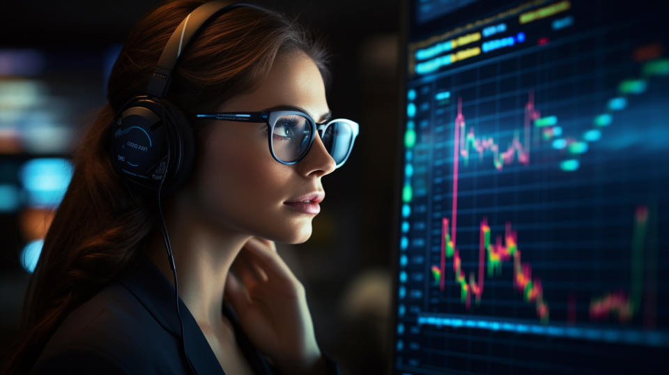 A data analyst with a headset, looking intently at the information unfolding on her screen.