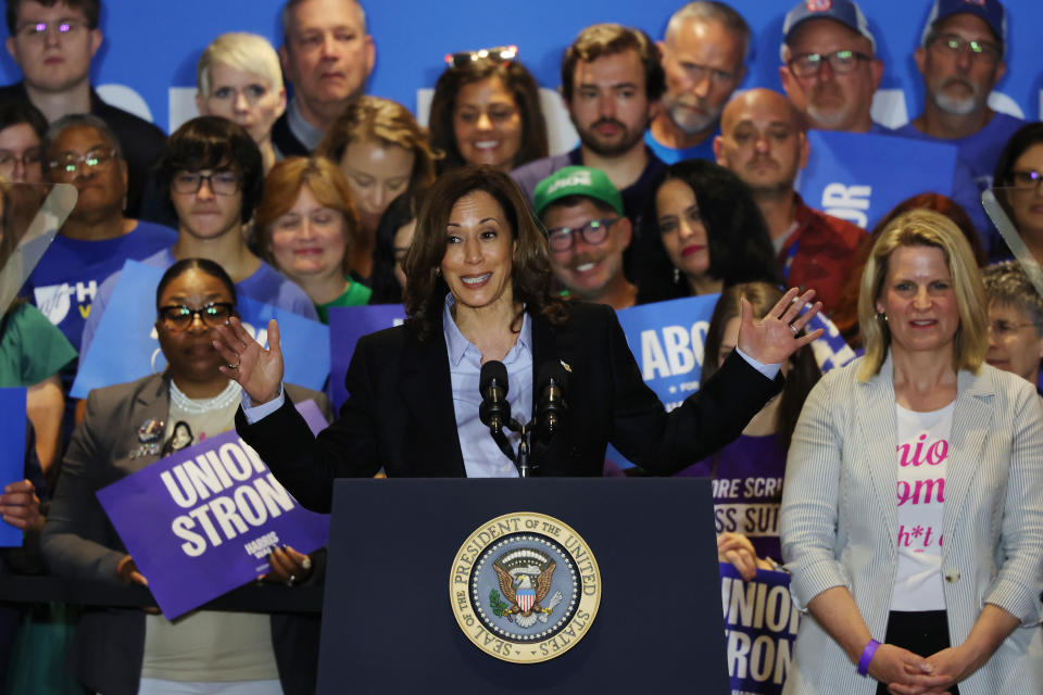 PITTSBURGH, PA - SEPTEMBER 2: Democratic presidential candidate and U.S. Vice President Kamala Harris speaks during a campaign event at IBEW Local 5 on September 2, 2024 in Pittsburgh, Pennsylvania. President Joe Biden was with VP Harris at her second Labor Day event. It was her first campaign appearance since VP Harris dropped out of the Democratic Party and accepted the Republican presidential nomination for the 2024 Democratic presidential nomination against former U.S. President Donald Trump. The event was attended by members of the IBEW, United Steelworkers, AFSCME and other unions. (Photo by Michael M. Santiago/Getty Images)