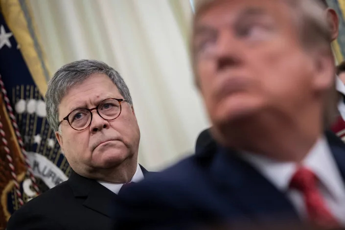 U.S. Attorney General William Barr and U.S. President Donald Trump attend a signing ceremony for an executive order establishing the Task Force on Missing and Murdered American Indians and Alaska Natives, in the Oval Office of the White House on November 26, 2019 in Washington, DC. Attorney General Barr recently announced the initiative on a trip to Montana where he met with Confederated Salish Kootenai Tribe leaders.