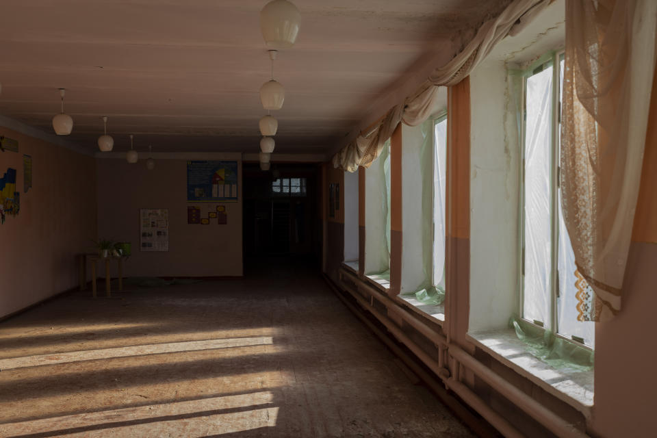 The school hall in the recently retaken village of Kyselivka, outskirts of Kherson, southern Ukraine, Tuesday, Nov. 15, 2022. As violence escalates in Ukraine abuse has become widespread, according to the United Nations. The situation is particularly concerning in the Kherson region where hundreds of villages, including the main city, were liberated from Russian occupation in early November, one of Ukraine’s biggest successes in the nearly 9-month-old war, dealing another stinging blow to the Kremlin. (AP Photo/Bernat Armangue)