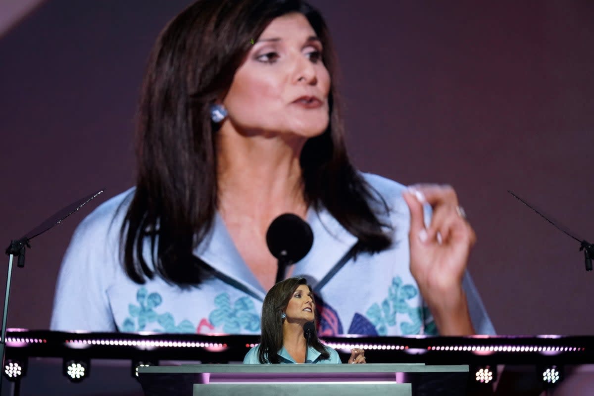 Nikki Haley spoke to the RNC on Tuesday and gave Donald Trump her endorsement despite their differences during the primary season (AP)