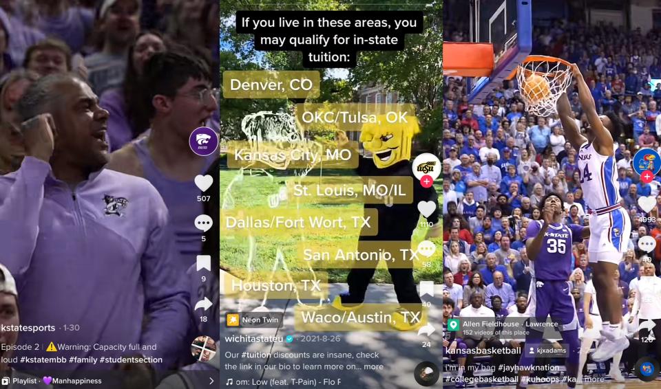 Examples of TikTok videos created by Kansas State Athletics, Wichita State University and The University of Kansas Athletics.  