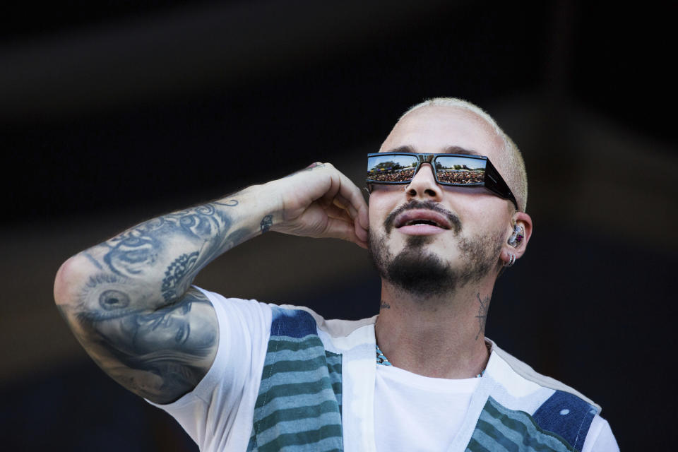 FILE - J Balvin performs at the New Orleans Jazz & Heritage Festival in New Orleans on April 28, 2019. Balvin scored a whopping 13 nominations at the 2020 Latin Grammys, including two nominations for album of the year and two for record of the year. (AP Photo/Sophia Germer, File)