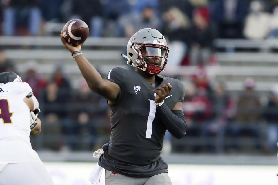 Washington State quarterback Cameron Ward throws a pass during the first half of an NCAA college football game against Arizona State, Saturday, Nov. 12, 2022, in Pullman, Wash. (AP Photo/Young Kwak)