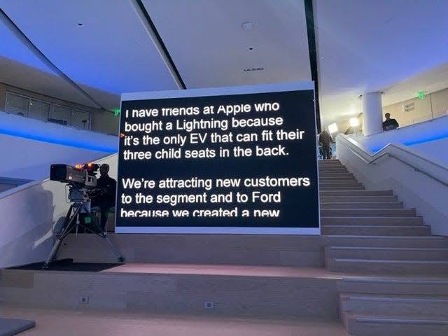 A teleprompter rolls at the Ford Experience Center on Capital Markets Day in Dearborn May 22, 2023. These words were delivered by Doug Field, chief advanced product development and technology officer, who worked previously at Apple and Tesla. He said, "I have friends at Apple who bought a Lightning because it's the only EV that can fit their three child seats in the back."