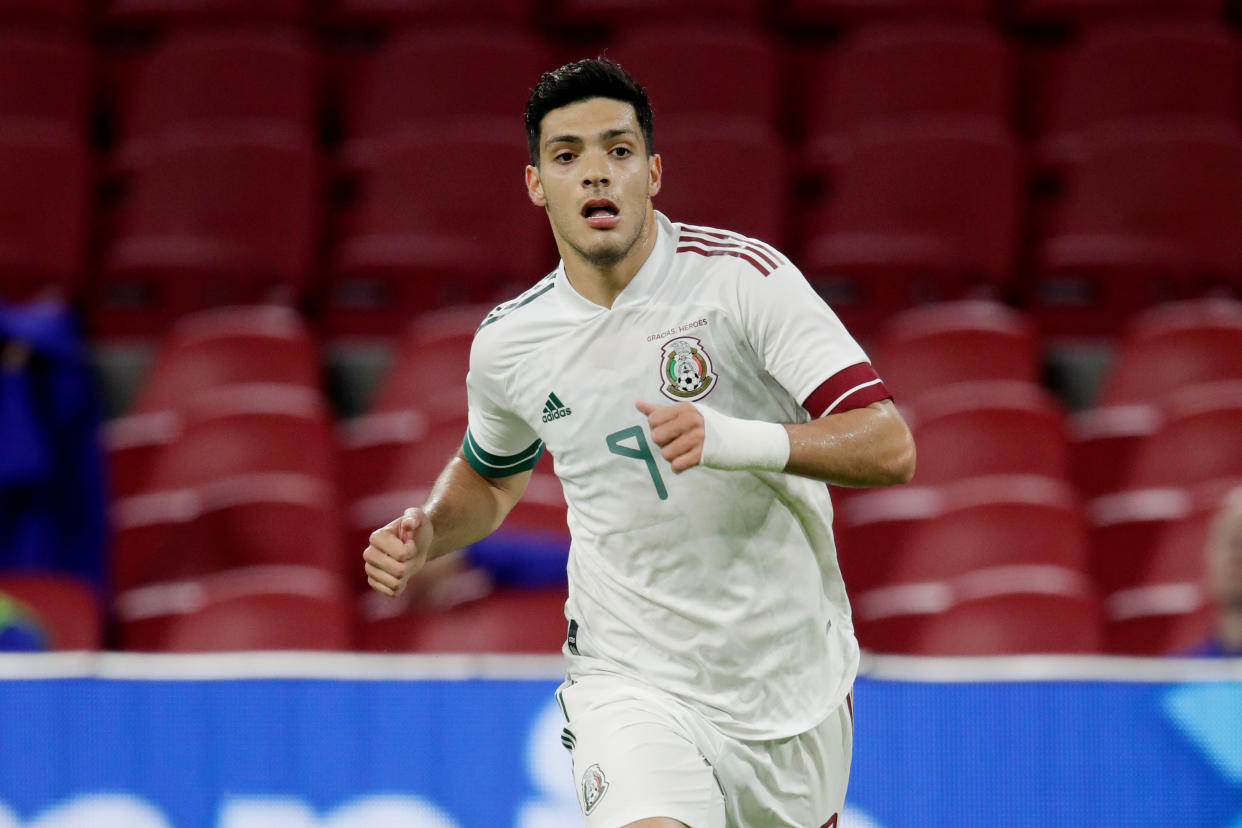 AMSTERDAM, NETHERLANDS - OCTOBER 7: Raul Jimenez of Mexico during the  International Friendly match between Holland  v Mexico at the Johan Cruijff ArenA on October 7, 2020 in Amsterdam Netherlands (Photo by Laurens Lindhout/Soccrates/Getty Images)