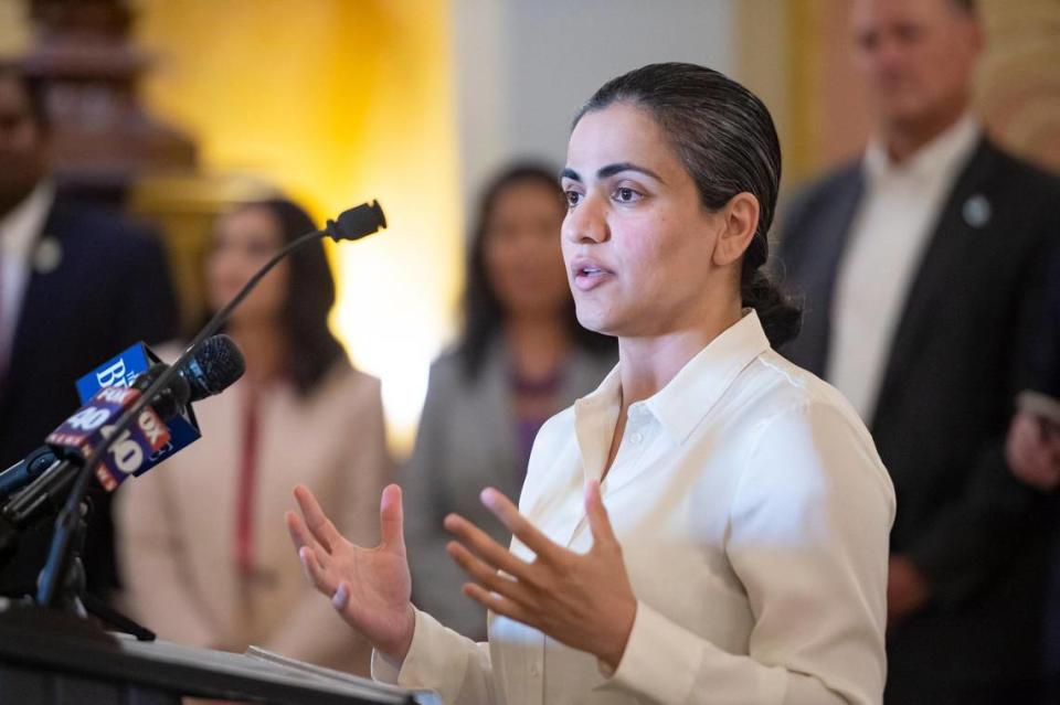 State Sen. Aisha Wahab, D-Hayward, speaks to the crowd gathered during the Ramadan Iftar on Monday, April 10, 2023, at the state Capitol. Ramadan, which began on March 23, is the Islamic holy month of self-discipline, charity, fasting, and spiritual renewal. Muslims end their daily fast after sunset with a meal known as iftar.