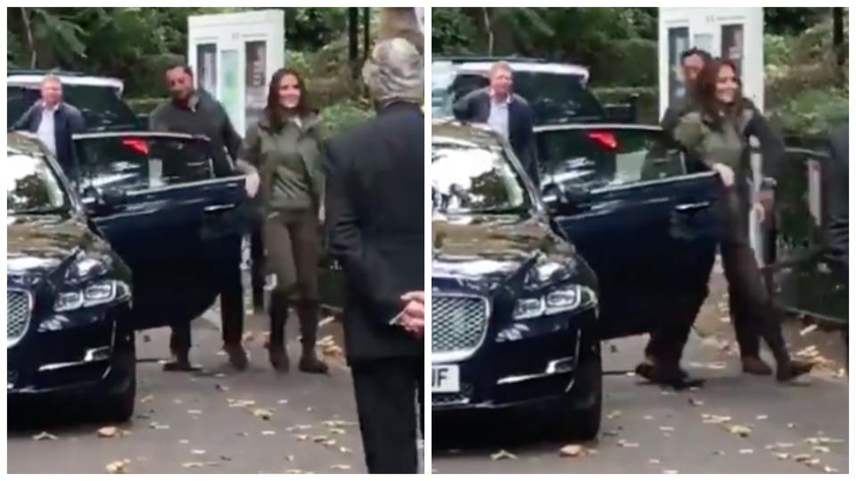 One Twitter user noticed Kate attempted to close her own car door, much like Meghan Markle did last week. Photo: Twitter/Emily Andrews