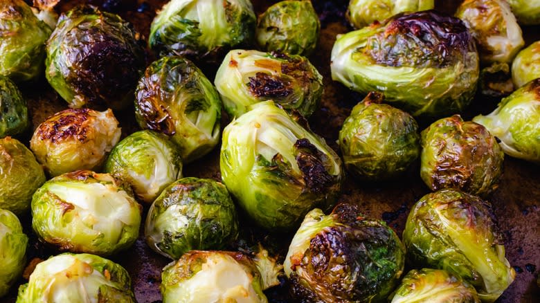 Pan of charred Brussels sprouts