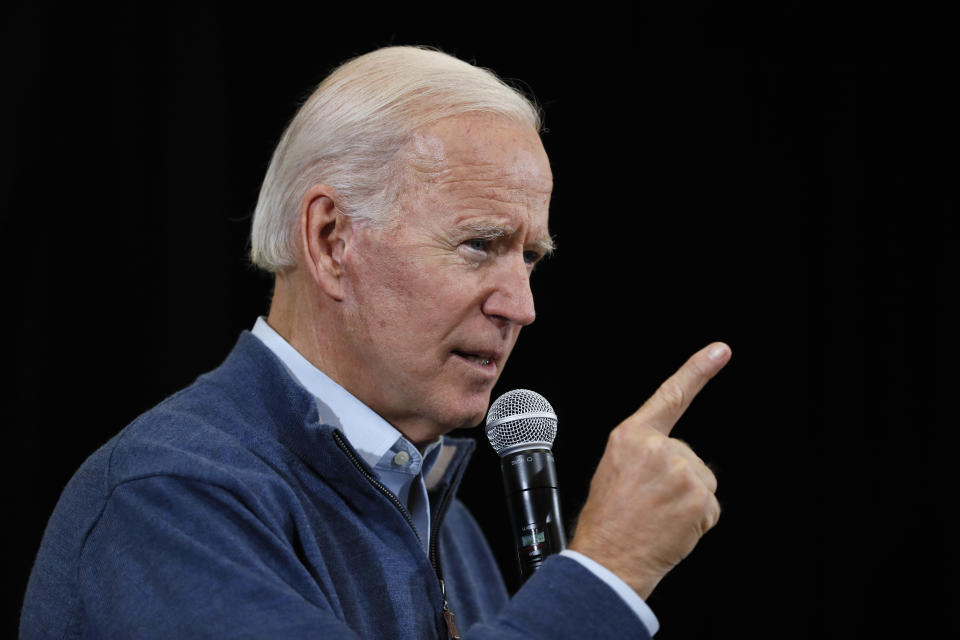 FILE - In this Nov. 22, 2019, file photo, Democratic presidential candidate former Vice President Joe Biden speaks during a town hall meeting in Winterset, Iowa. Biden is leading the most diverse presidential field in history among black voters. (AP Photo/Charlie Neibergall, File)