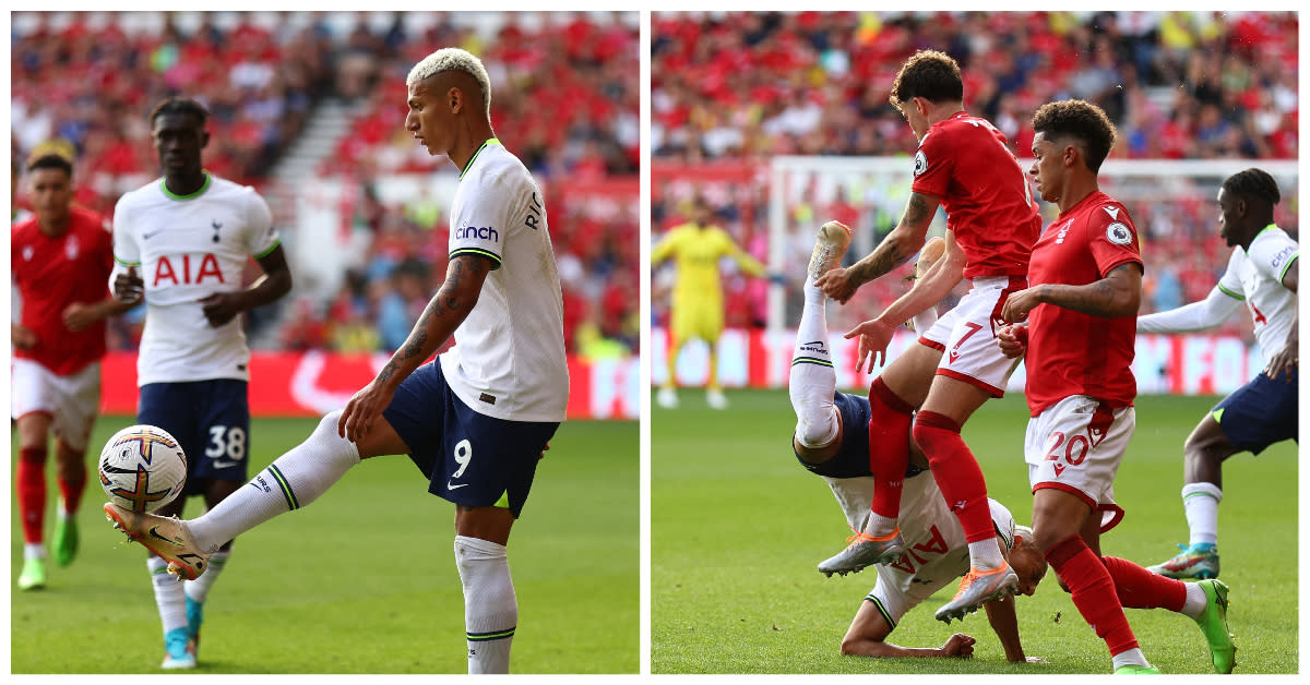 Tottenham forward Richarlison juggles the ball (left) before being tackled by Nottingham Forest's Brennan Johnson. (PHOTOS: Reuters)