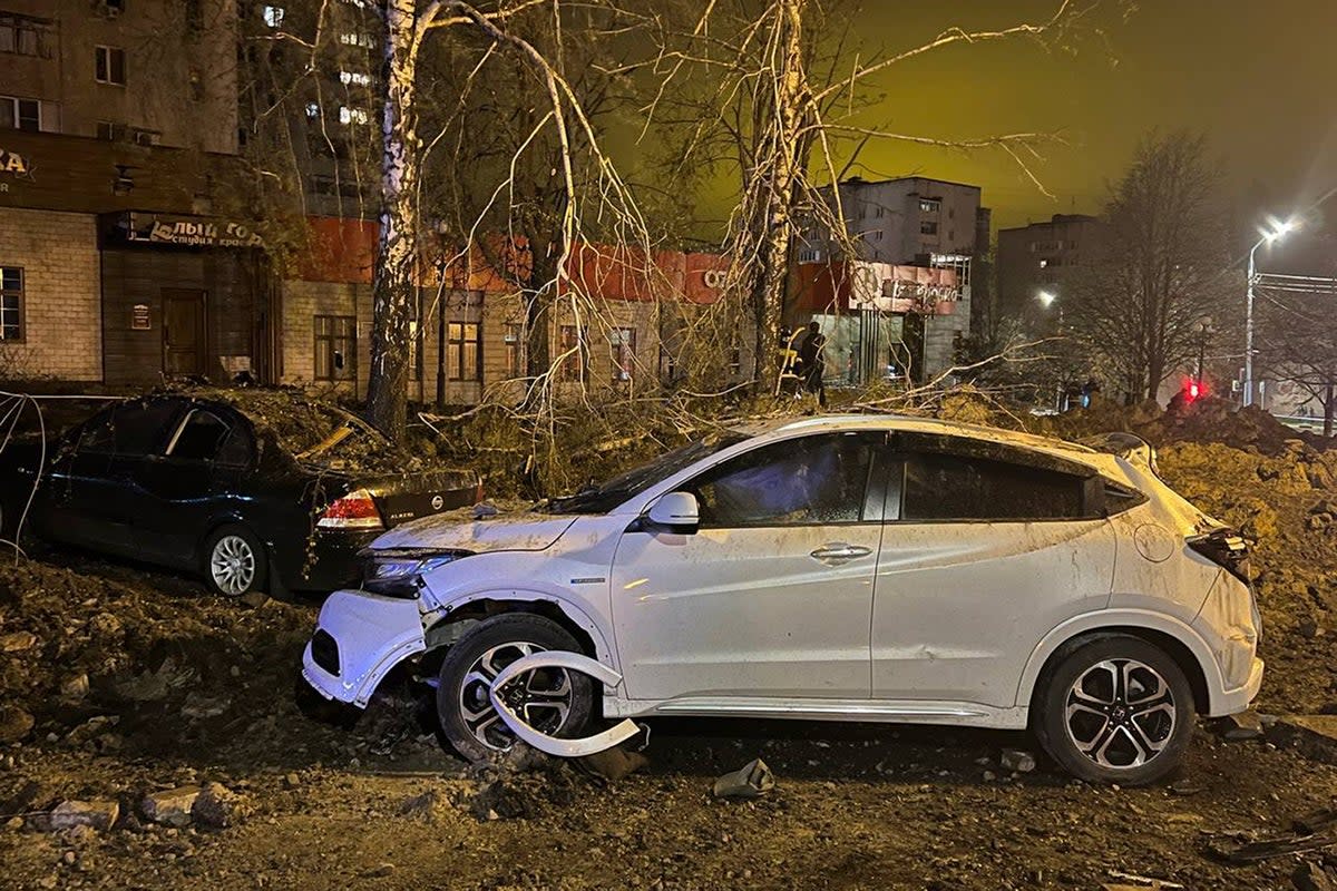 This handout photo released by Telegram Channel of Belgorod Region Governor Vyacheslav Gladkov shows the site of the crater after an explosion in Belgorod, Russia (Telegram channel of Belgorod region governor Vyacheslav Gladkov)