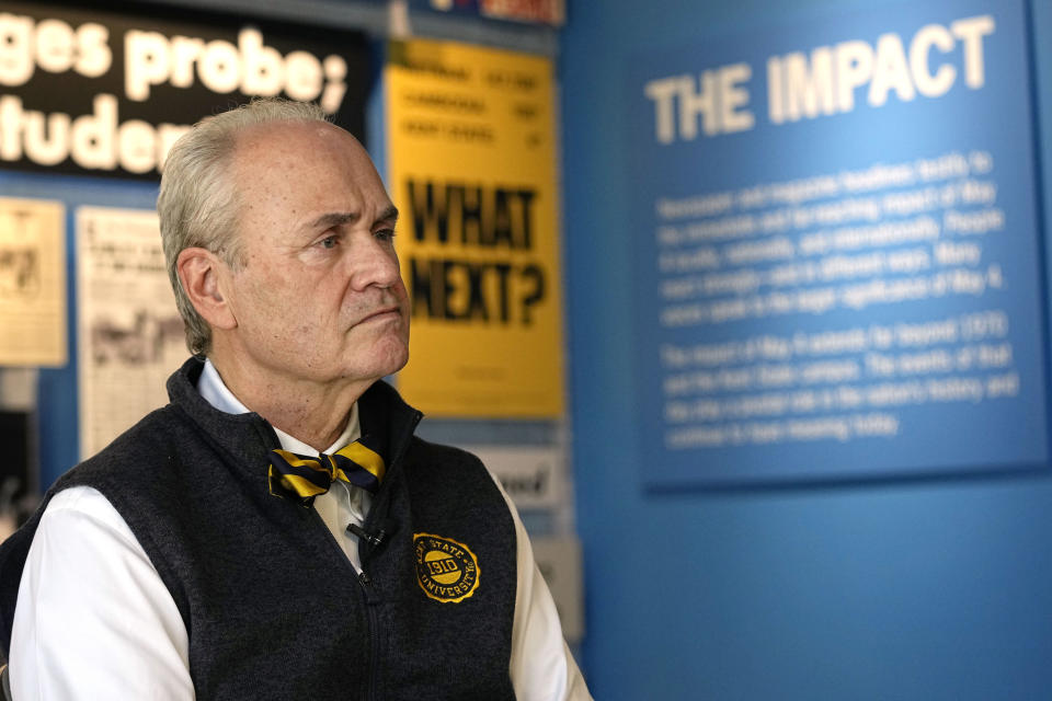 Todd Diacon, president of Kent State University, is pictured during an interview at the May 4 Visitors Center, Wednesday, May 1, 2024, in Kent, Ohio. Kent State University is marking another solemn anniversary of the National Guard shootings that killed four unarmed students and wounded nine others on May 4, 1970. (AP Photo/Sue Ogrocki)