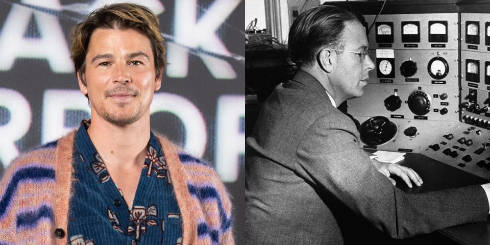 Josh Hartnett plays Professor Ernest Orlando Lawrence in "Oppenheimer" vs. a photo of Lawrence on August 10, 1945.