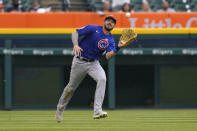 Chicago Cubs' Kris Bryant catches a Detroit Tigers' Nomar Mazara fly ball in the sixth inning of a baseball game in Detroit, Saturday, May 15, 2021. (AP Photo/Paul Sancya)
