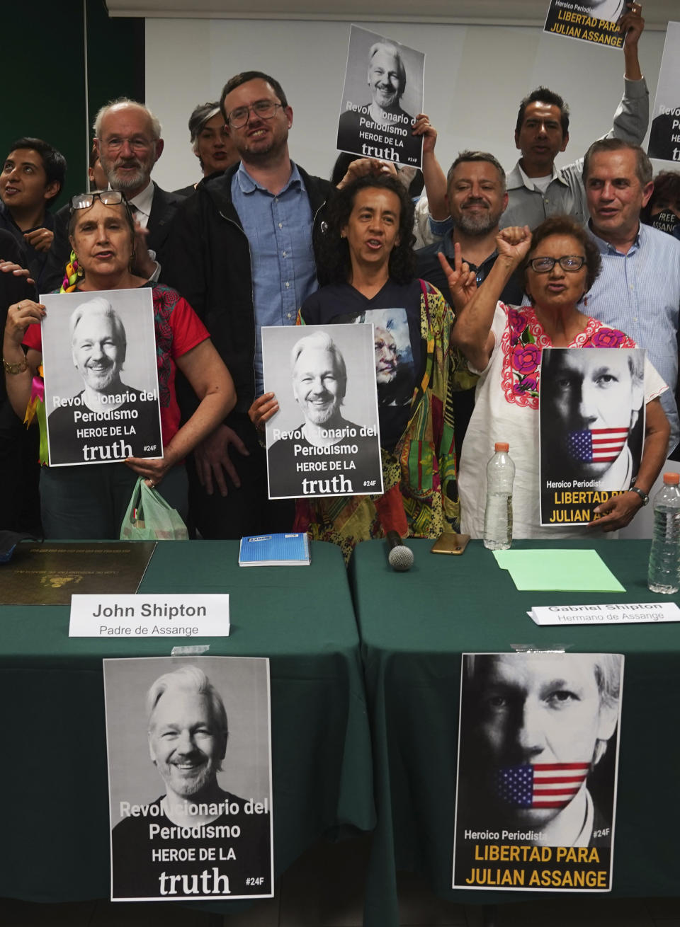 John Shipton Sr. and Gabriel Shipton the father and brother respectively of Julian Assange participate in an event sponsored by the Mexican ruling party Morena, at the Unión Telefónica headquarters, entitled "Freedom for Julian Asange: a global struggle," in Mexico City, Wednesday, Sept. 14, 2022. (AP Photo/Marco Ugarte)