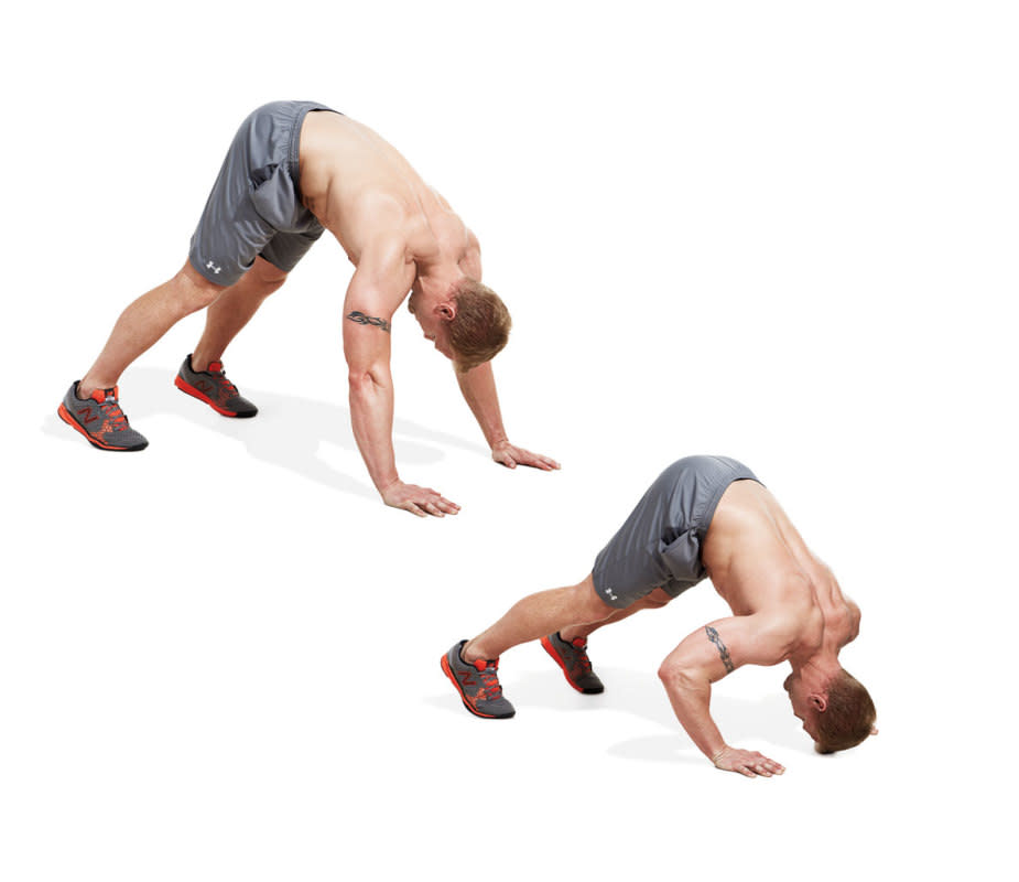 How to do it:<ul><li>Get into pushup position and push your hips back so your torso is nearly vertical.</li><li>Your hands, arms, and head should be in a straight line.</li><li>Lower your body until your head nearly touches the floor between your hands and then press back up.</li></ul>