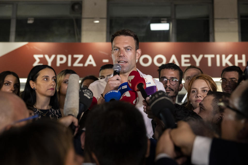 Stefanos Kasselakis, newly elected leader of main opposition party Syriza, speaks to supporters outside the party's headquarters in Athens, Greece, Monday, Sept. 25, 2023, after a runoff election for the left-wing bloc. (AP Photo/Yorgos Karahalis)