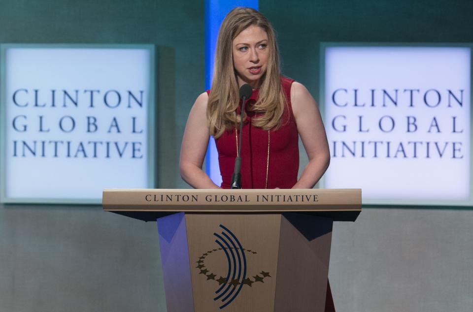 The daughter of former U.S. President Bill Clinton, Chelsea Clinton, speaks on stage at the Clinton Global Initiative 2013 (CGI) in New York