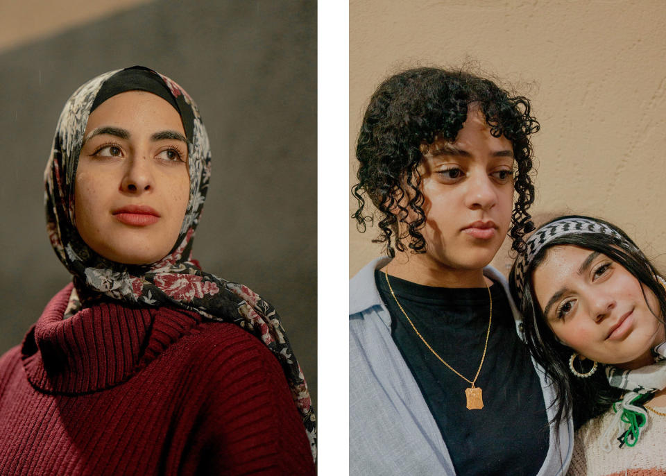 Mariam Bsharat, 24, left, says she prays, takes mental health breaks and meditates. At right, Sadeen Husein, 12, left, and Jumana Elbeyali outside the Palestinian American Community Center.  (Danielle Amy for NBC News)