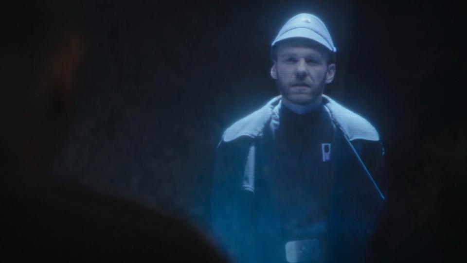 Commandant BRendol Hux of the Imperial Shadow Council seen in hologram on The Mandalorian