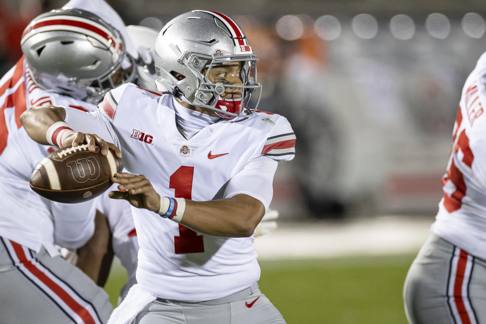 Ohio State's Justin Fields looks to pass against Penn State on Oct. 31, 2020. (Scott Taetsch/Getty Images)