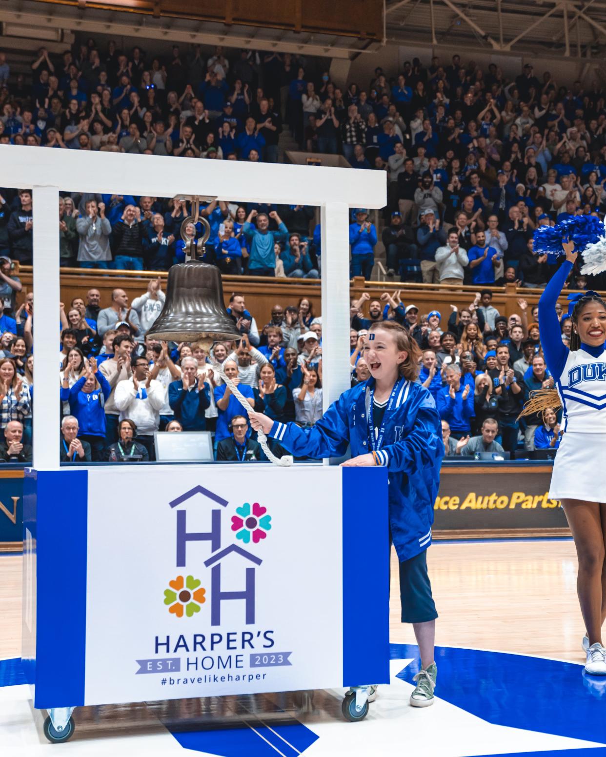 Harper Harrell, a 10-year-old Duke fan, officially completed her cancer treatment ahead of the Blue Devils' game against Notre Dame on Feb. 7, 2023. It was the completion of an 864-day journey for Harrell, who was honored in the first half at Cameron Indoor Stadium.