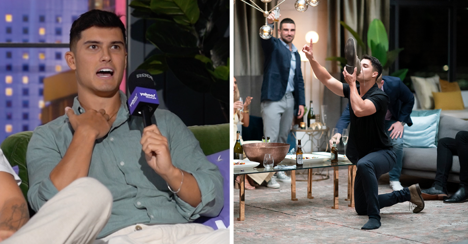 MAFS’ Al Perkins in the Yahoo studio / Al drinking beer out of a shoe on MAFS.