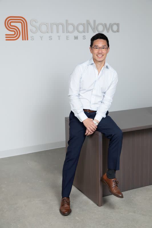 Rodrigo Liang, SambaNova Systems co-founder and CEO, poses in front of the company logo in this undated handout photo