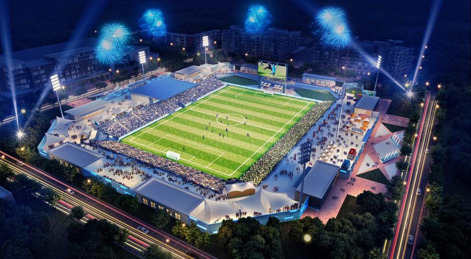 The vision for a new soccer/multi-use stadium is shown in this 2019 rendering.