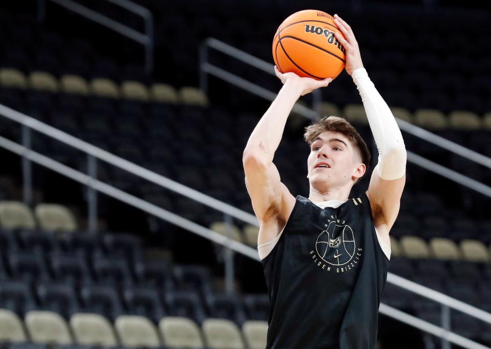 Oakland guard Blake Lampman during practice on Wednesday, March 20, 2024, in Pittsburgh, before their NCAA tournament first round game.