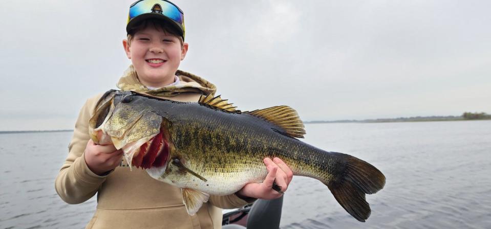 Wyatt Damerau, 12, caught this big bass while on a guided tour with Mike Groshon of Bass Online. Damerau is from Camden, N.J., and landed this fish in Lake Toho.