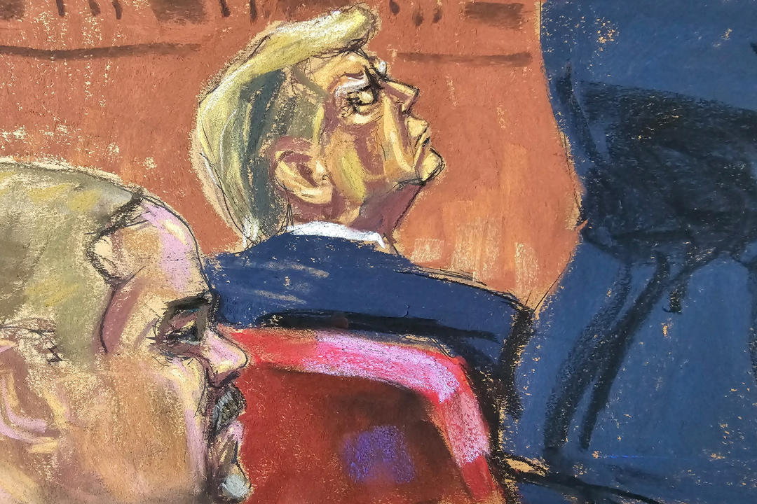 In a courtroom sketch, Trump sits with his eyes closed and Bragg watches as Cohen testifies.