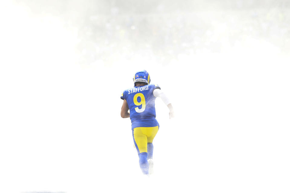 Matthew Stafford takes the field at SoFi Stadium before the Rams’ home loss to the Eagles. (Michael Owens/Getty Images)