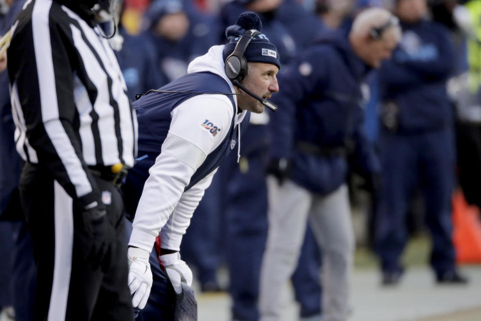 Tennessee Titans head coach Mike Vrabel watches during the second half of the NFL AFC Championship football game against the Kansas City Chiefs Sunday, Jan. 19, 2020, in Kansas City, MO. (AP Photo/Charlie Riedel)