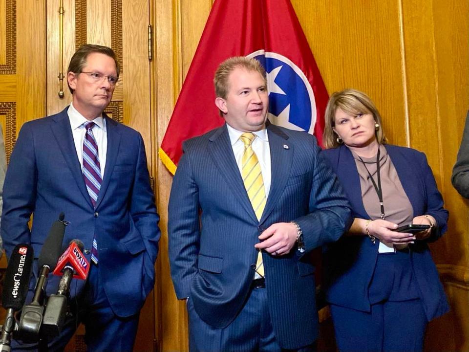 House Speaker Cameron Sexton, R-Crossville, and House Majority Leader William Lamberth, R-Portland, answer questions from reporters at the State Capitol on April 4, 2024.