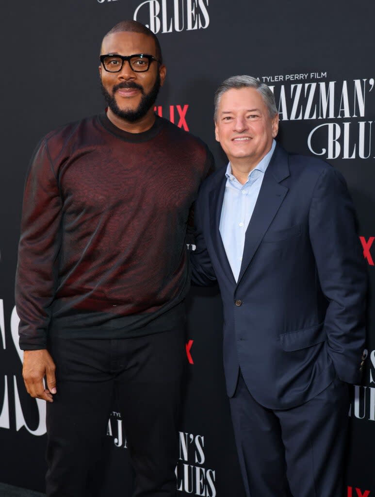 “A Jazzman’s Blues” writer-director-producer Tyler Perry with Netflix head Ted Sarandos at the film’s Los Angeles premiere. (Leon Bennett/Getty Images for Netflix)