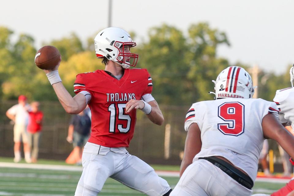 Center Grove's Tyler Cherry (15) with a pass during Center Grove vs Oakland (Tenn) high school varsity football, Aug 25, 2023; Greenwood, IN, USA; at Center Grove High School.